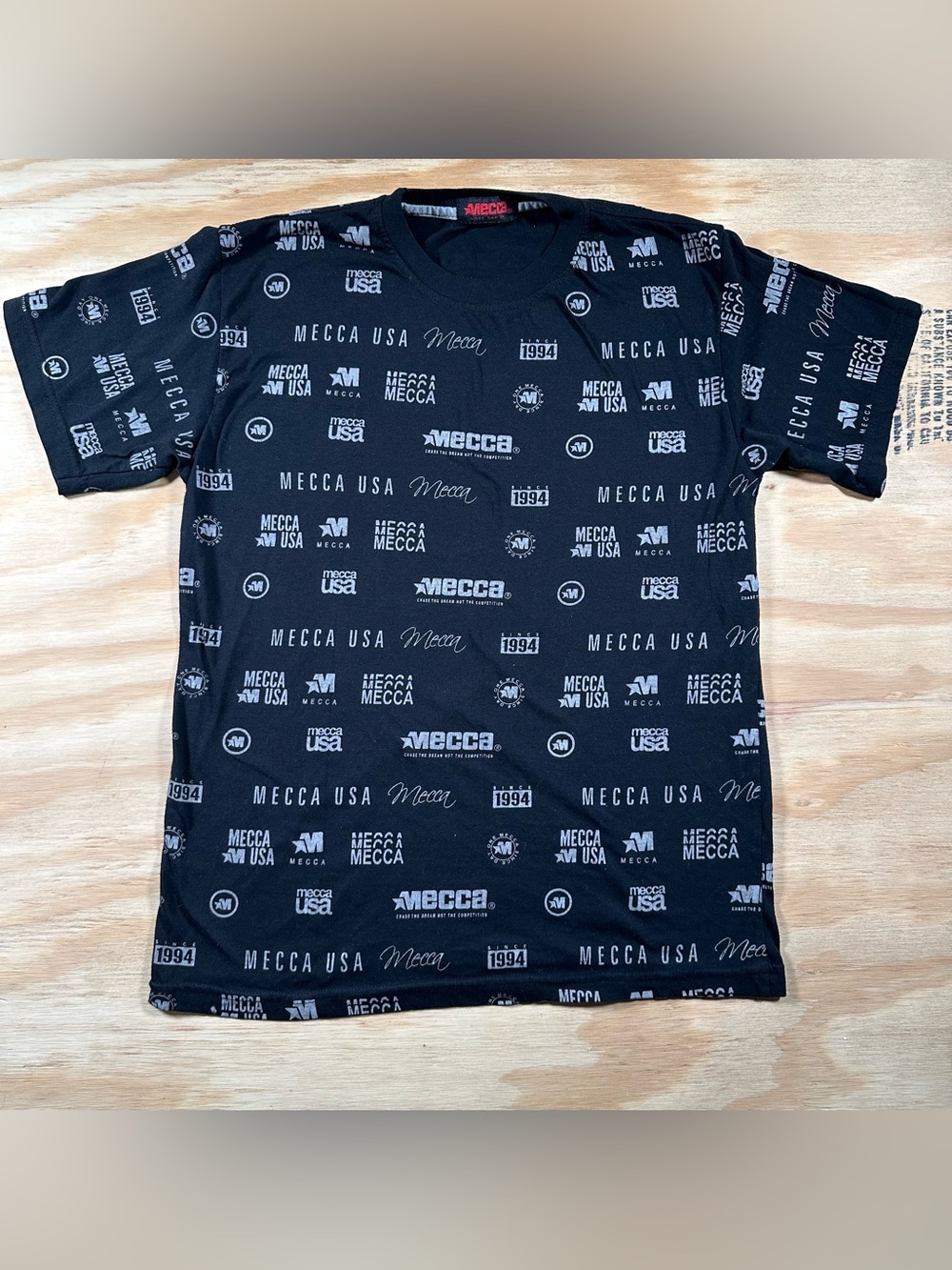 Vintage Mecca USA All Over Print T Shirt Mens Medium Black 90s Streetwear Y2K